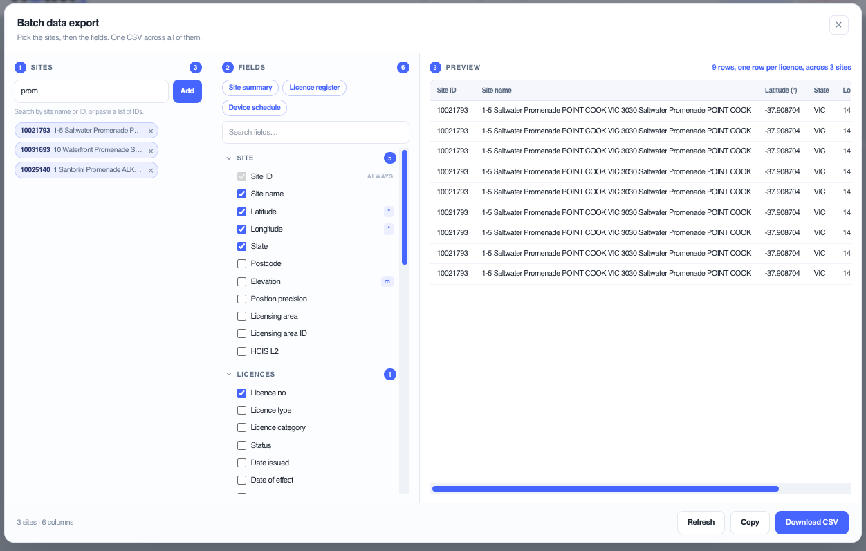 Batch Export building a CSV from the current filtered register view.