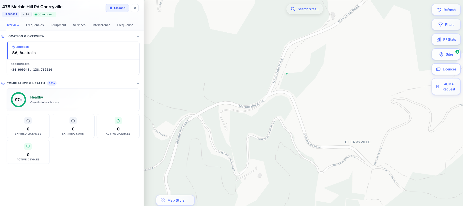Claimed Sites panel overlaying the portfolio on the map alongside the rest of the register.