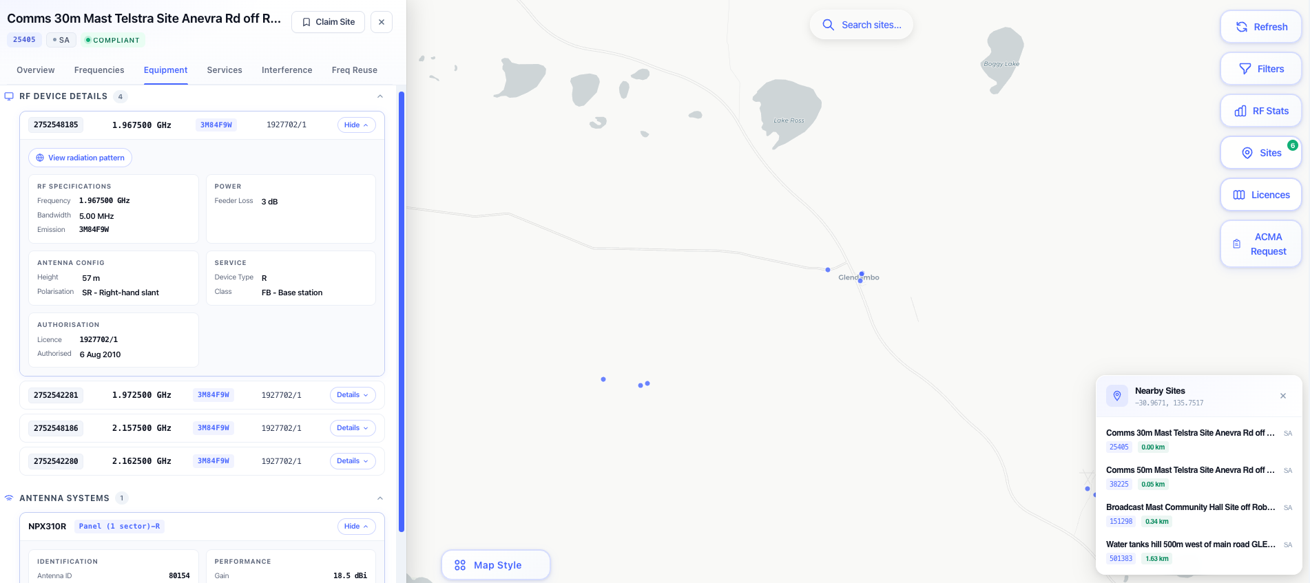 Equipment tab with devices and antennas, and the antenna details modal open on a selected antenna.
