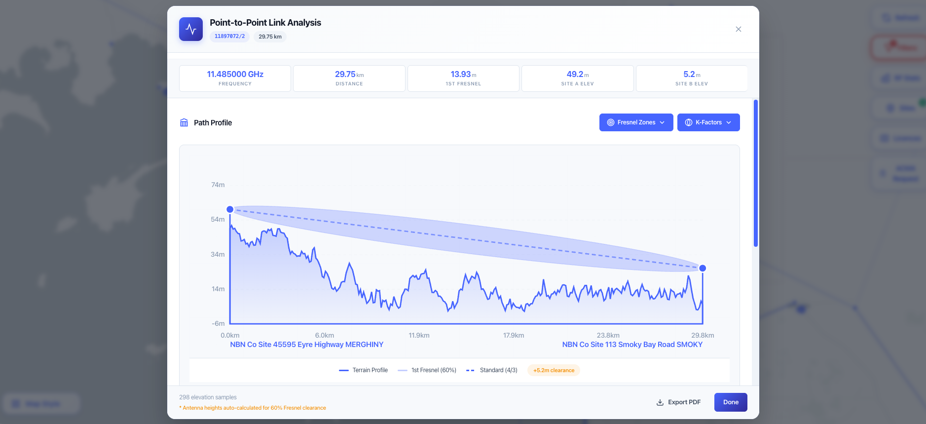 P2P analysis modal with both end sites, frequency pair, separation distance, and link reliability.