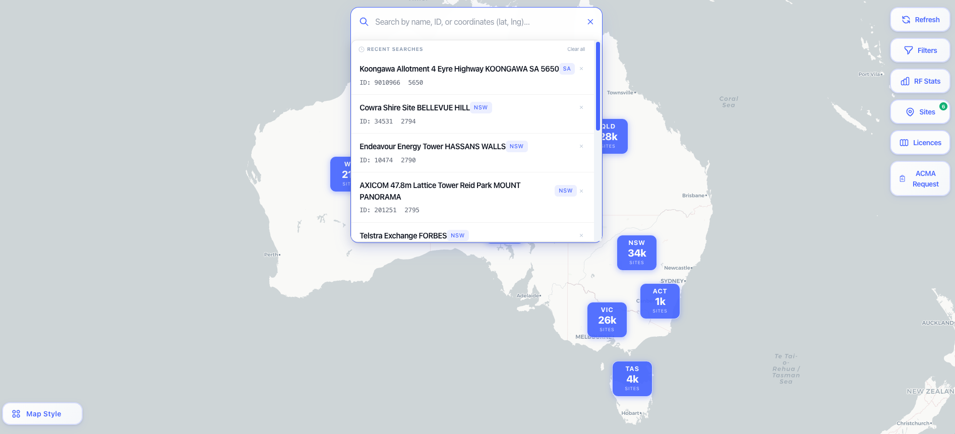 Smart Search with autocomplete against site, licensee, callsign, and licence number.