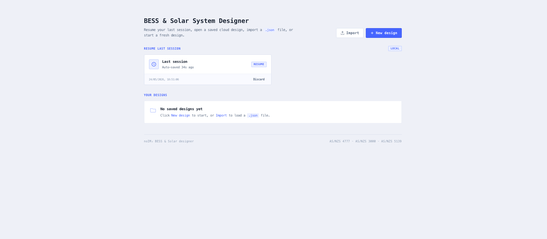 Project Picker listing named designs with site count and last saved time, plus new and duplicate actions.