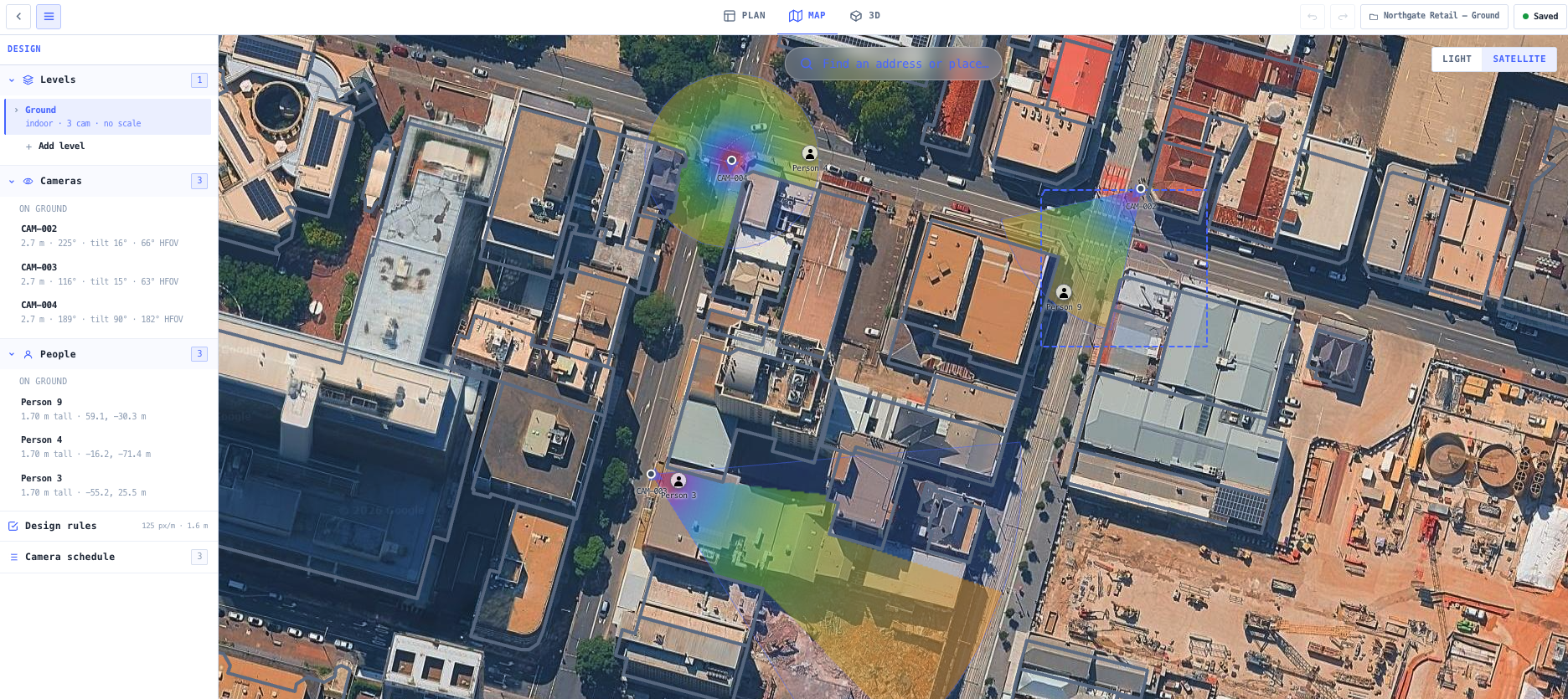 The same design on satellite imagery, with the plan rotation set.
