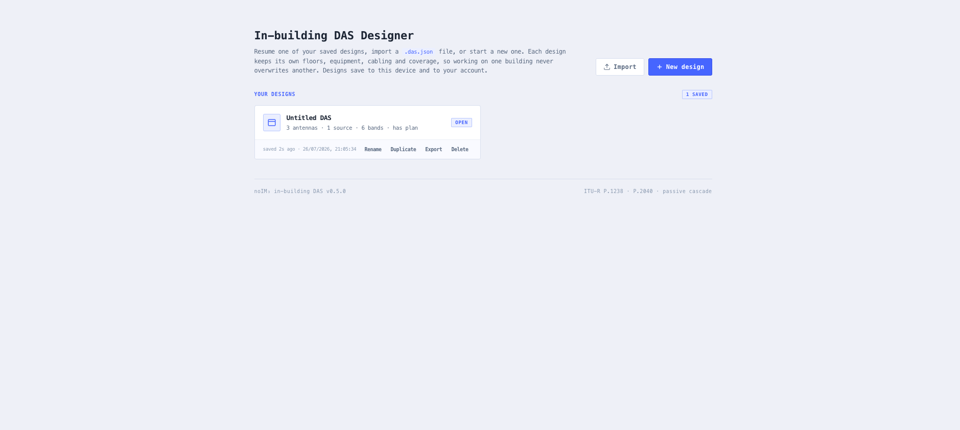 Project library with saved designs, import and export, and the option to start a new design.