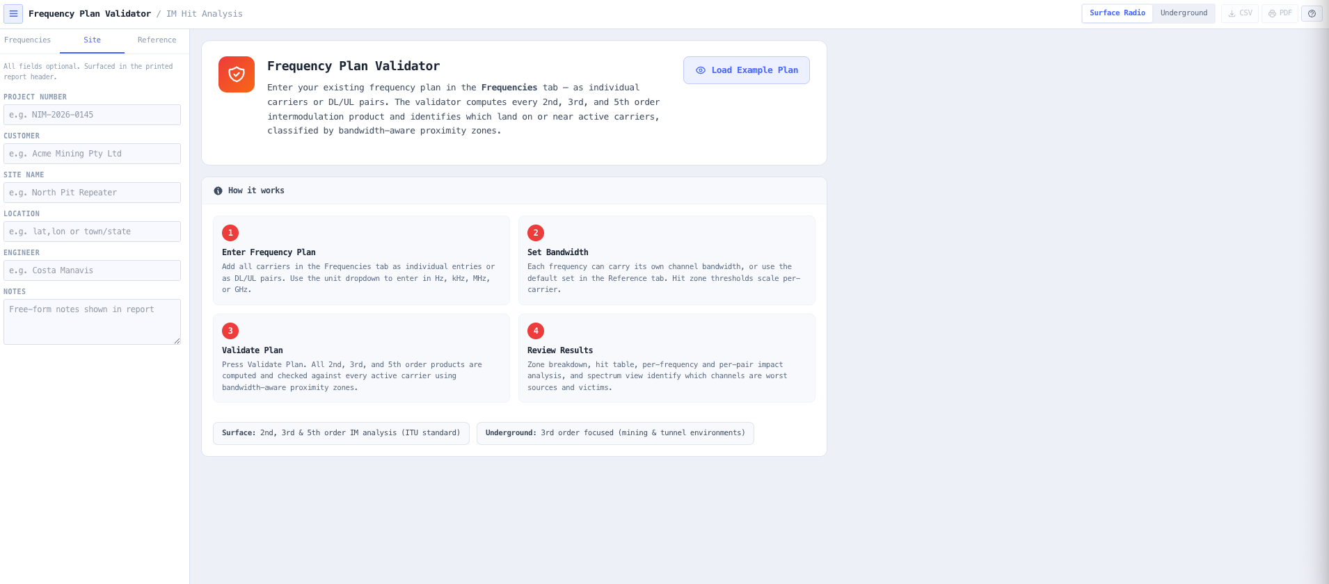 Site metadata, system mode, and scoring mode set on the configuration panel.