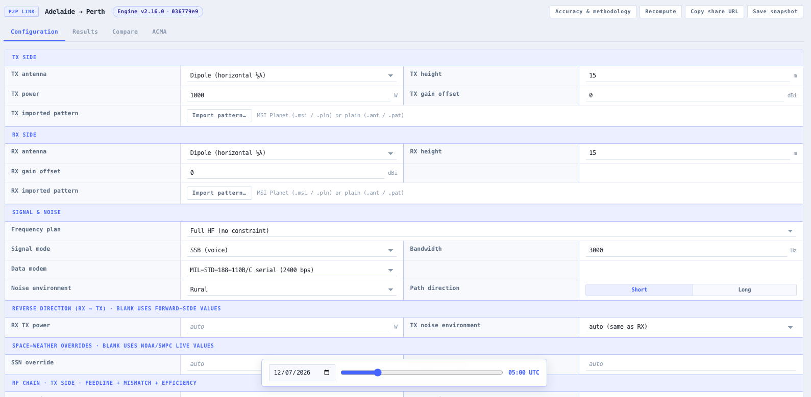 Time, frequency, antenna, and live data conditioning controls for the selected link.