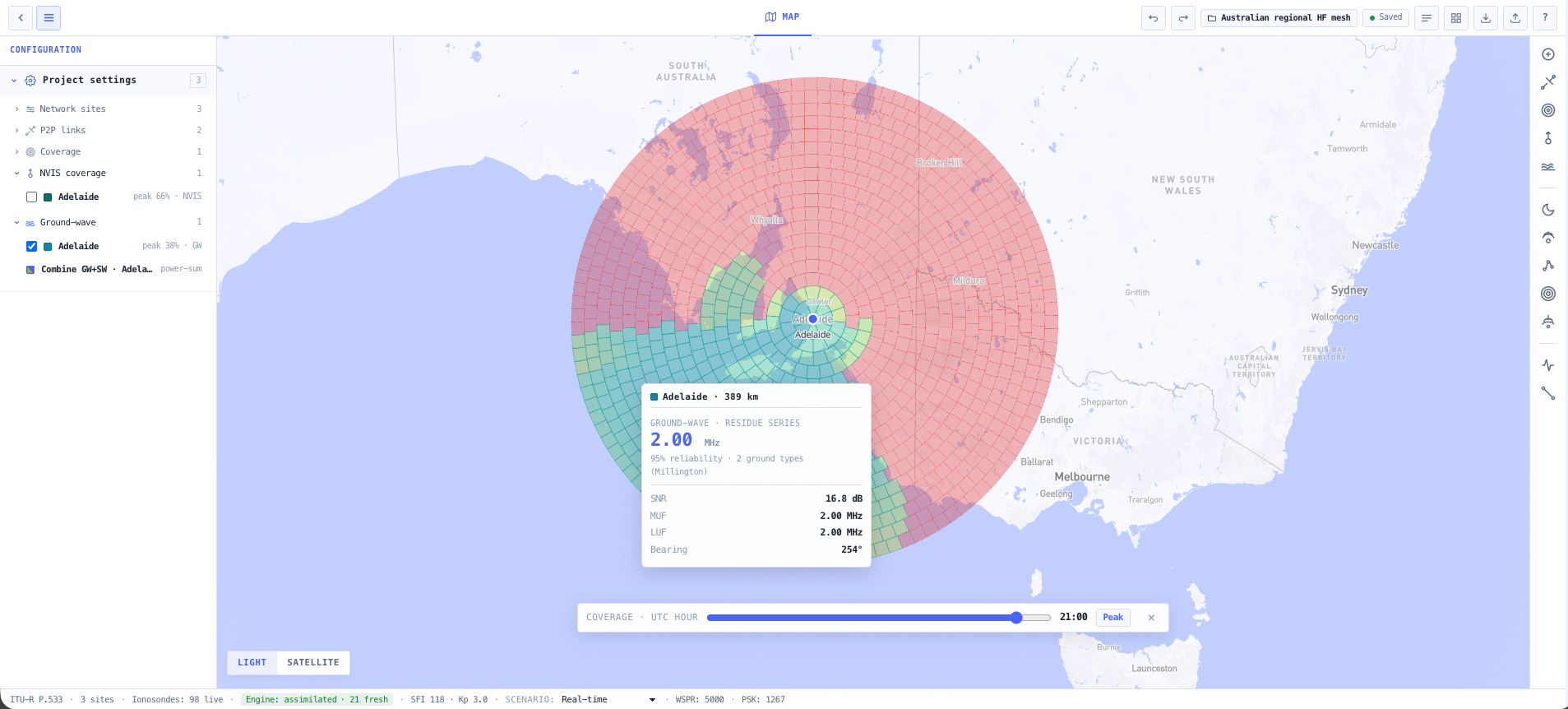 Groundwave coverage tiles on the 3D globe with the conductivity classifier overlay and cursor read out.