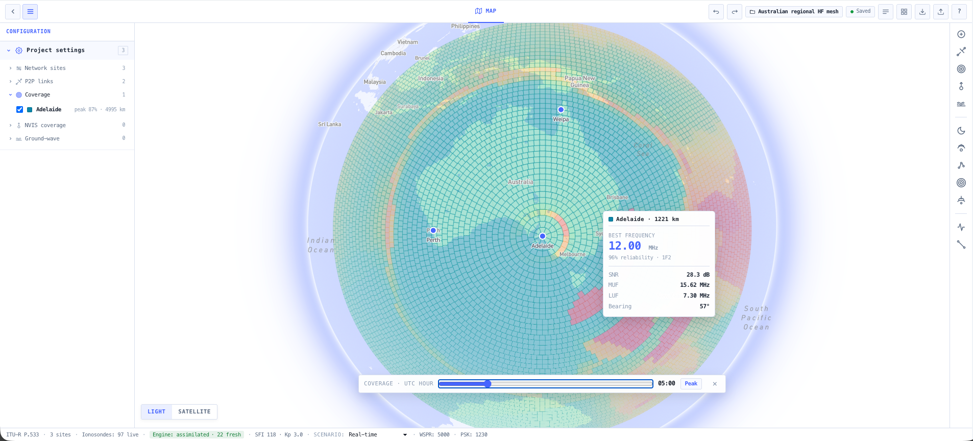 Sky-wave coverage tiles on the 3D globe with legend, terminator, and cursor read out.