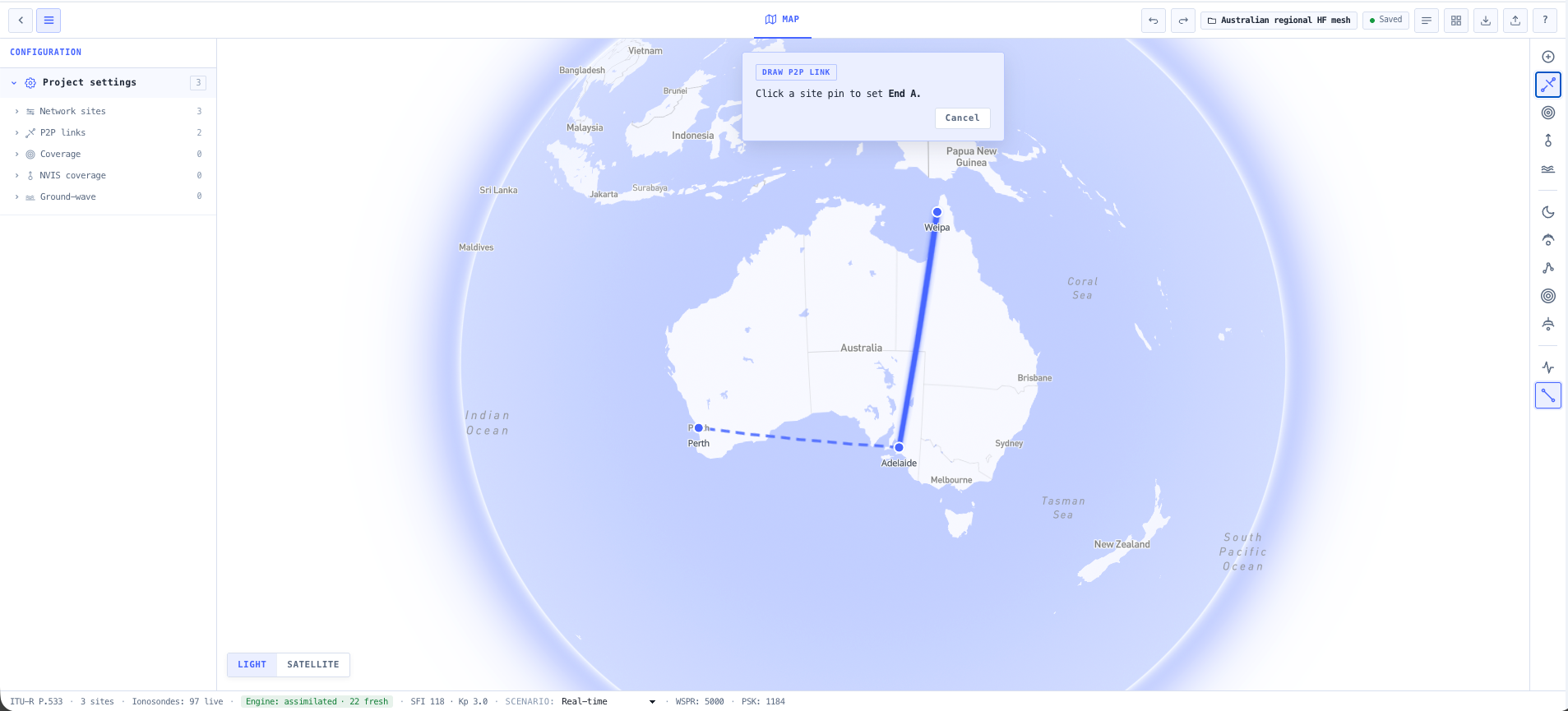 P2P link tool used to draw the link line between the transmit and receive sites.