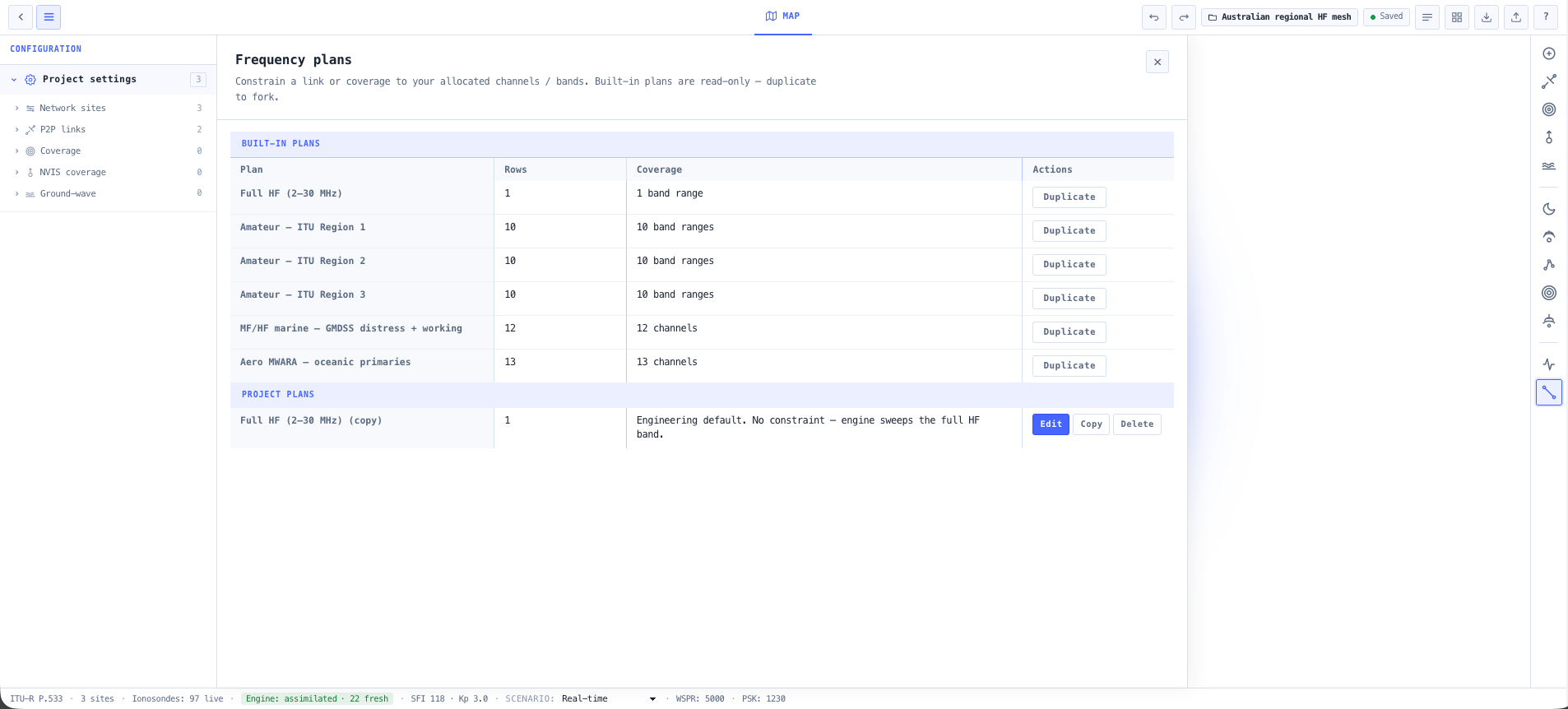 Frequency Plans panel. Built in plans are read only; duplicate to fork and edit.