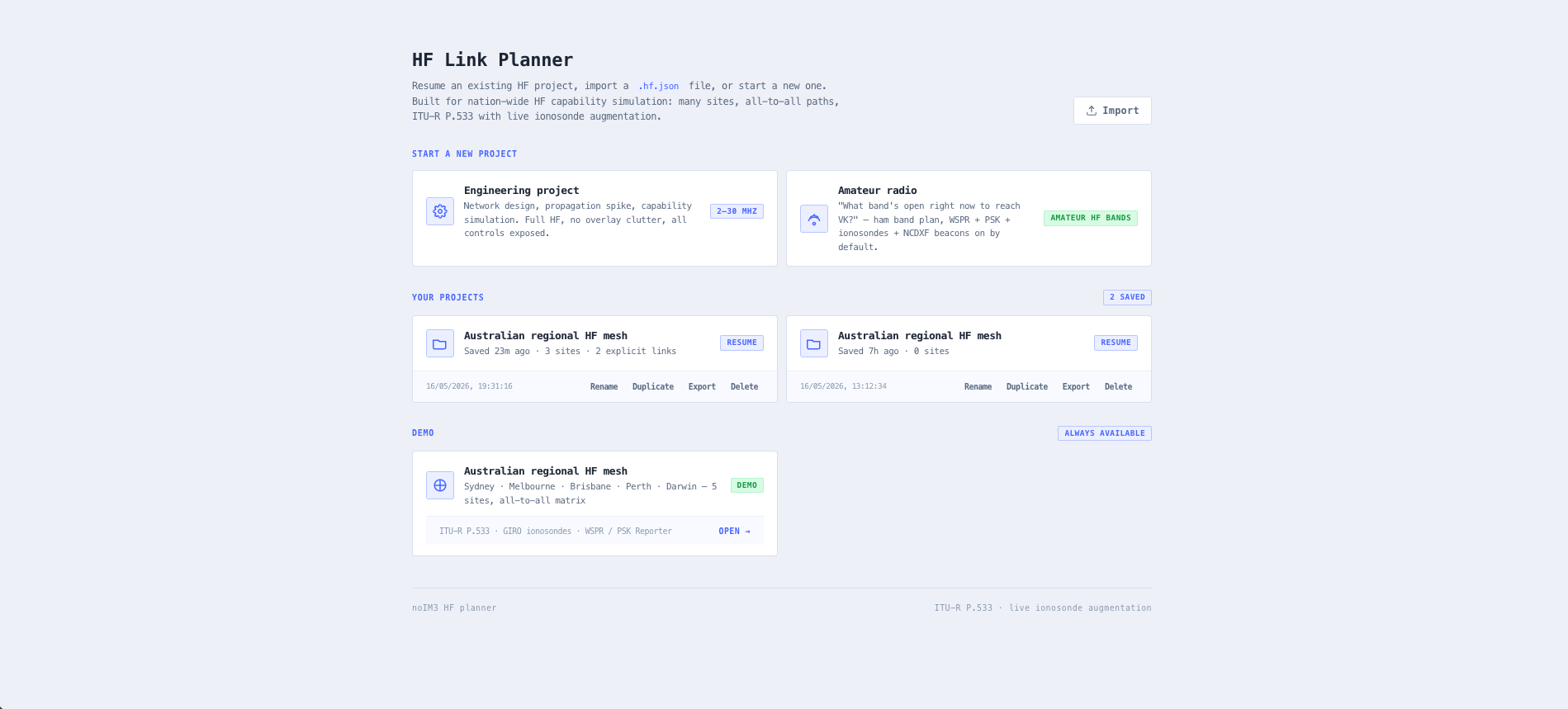 Project picker with bundled scenarios and the option to start a new HF project.