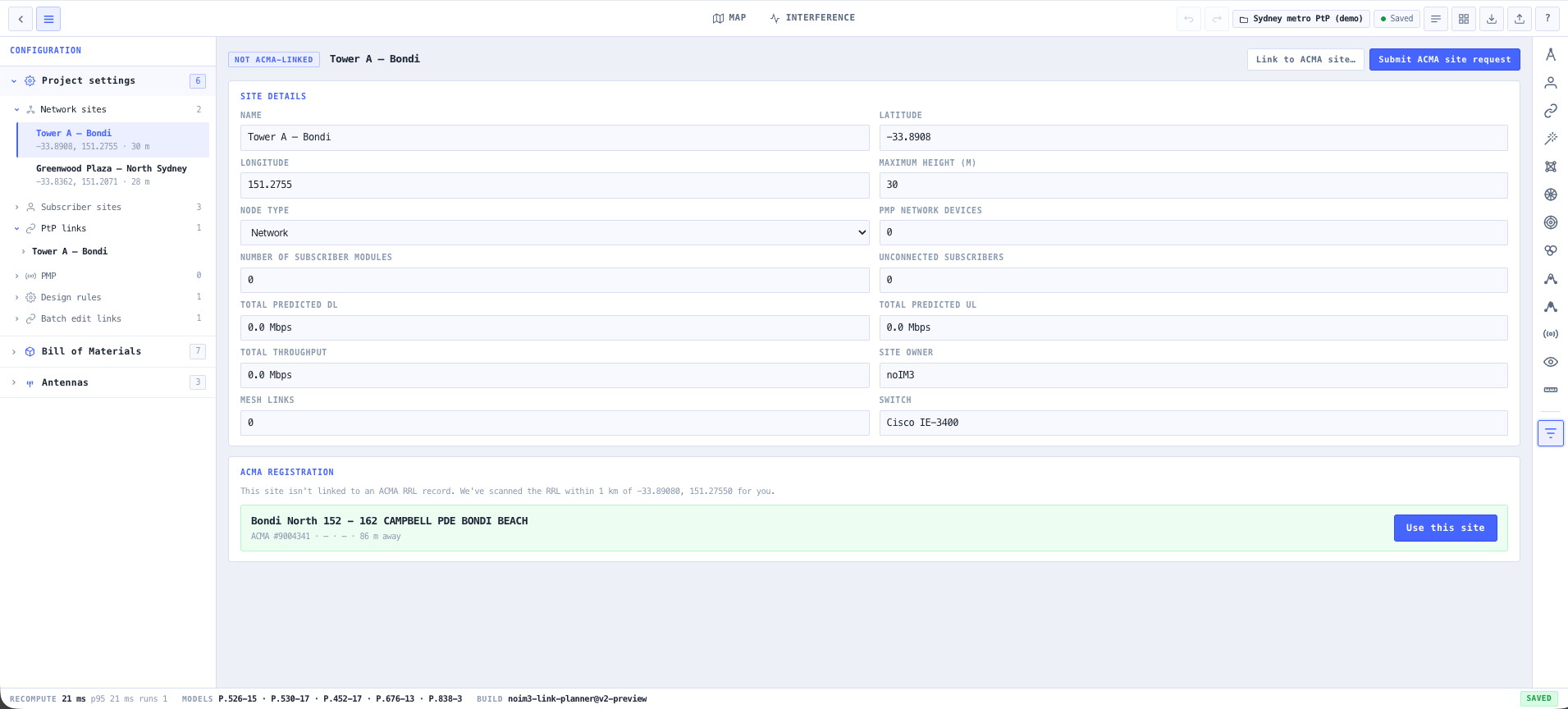 Nearby ACMA registered sites returned within the configured search radius.