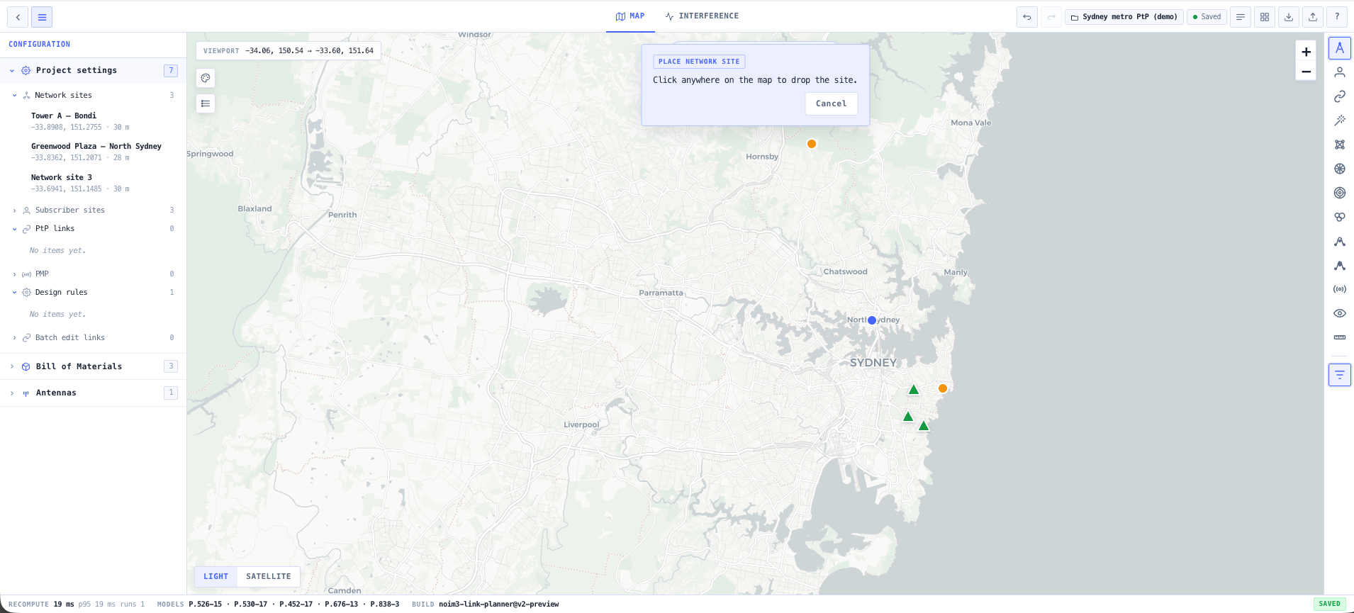Project tree on the left, Mapbox workspace in the centre, site and link tools on the right.