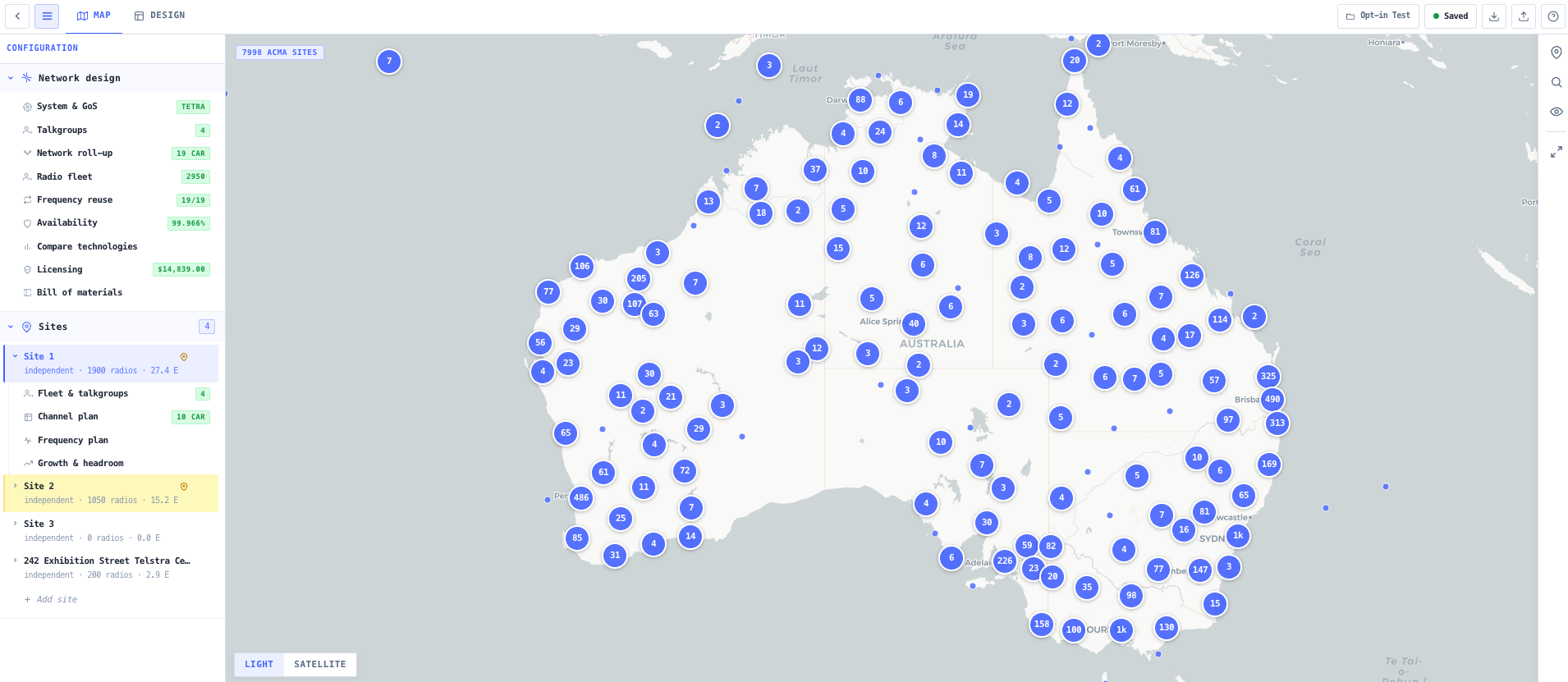 Network sites on the map and in the sites sheet, placed as custom points or claimed from the ACMA register.