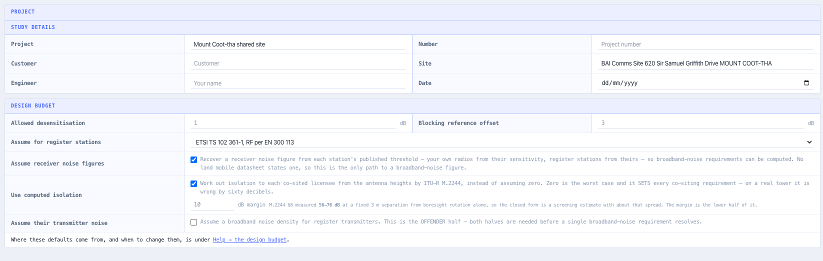 Design budget, with the three opt-in assumptions and their stated provenance.