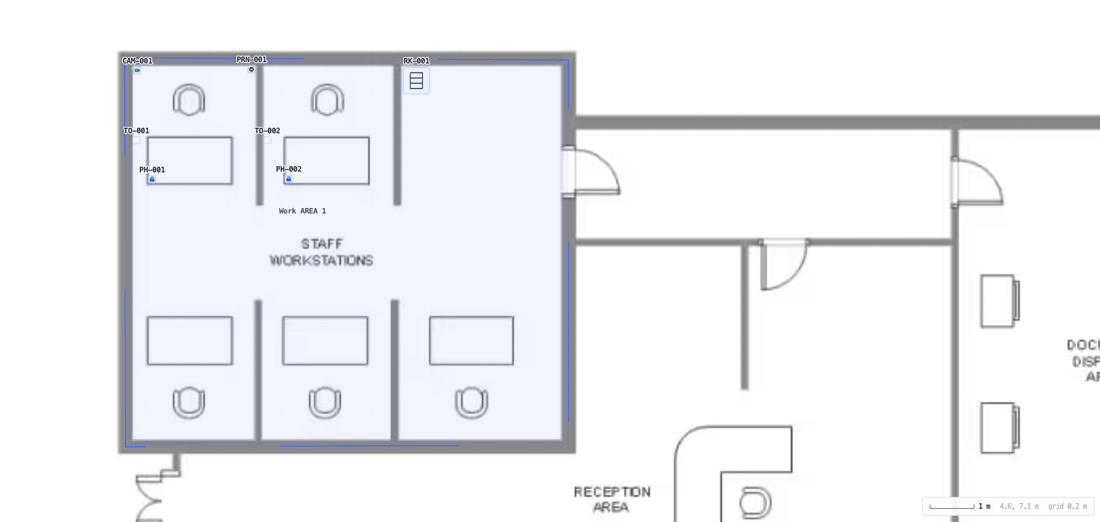 Outlets, consolidation points and end devices placed through the work areas.