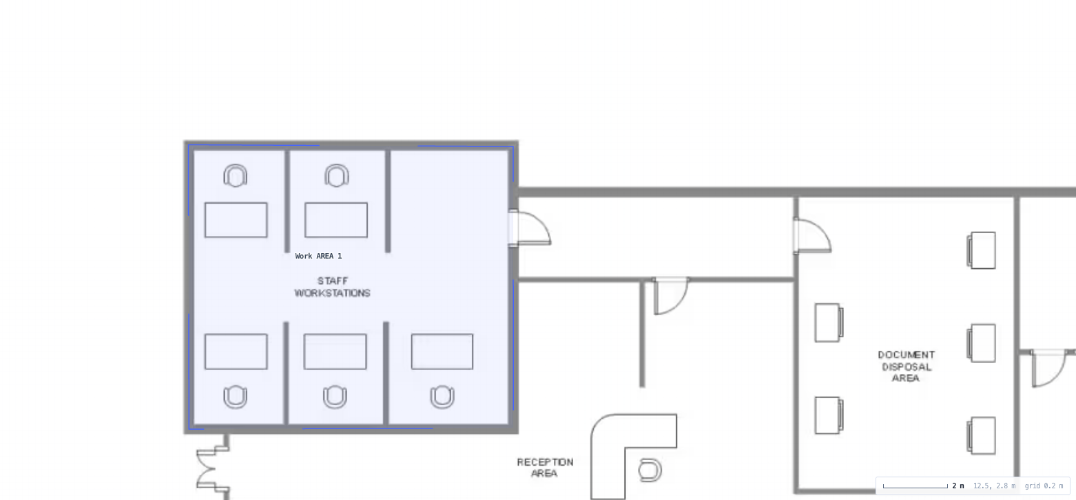 Work areas and pathways traced over the plan, driving outlet provisioning and cable routing.