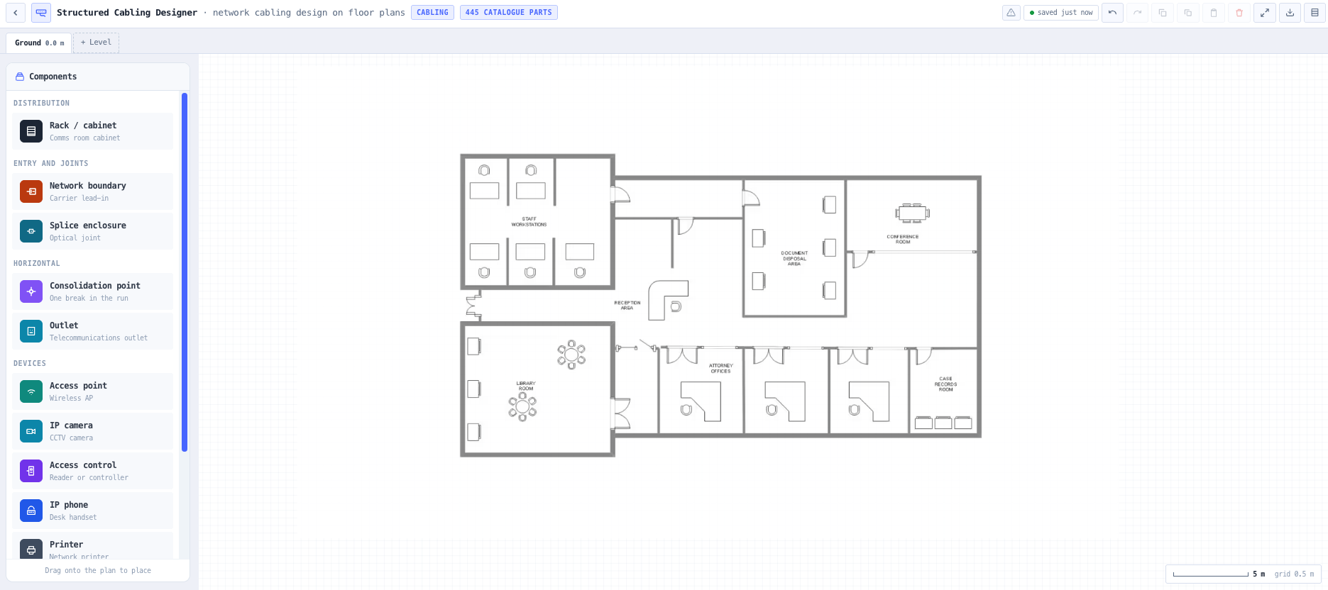 A floor plan per level, scaled by dragging it to the grid or by clicking two points a known distance apart.
