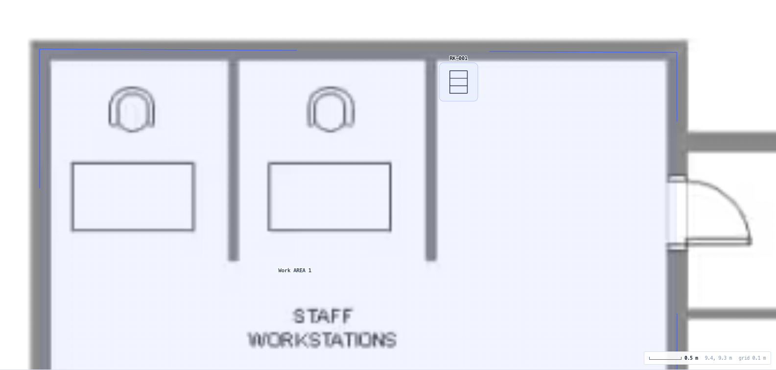 Comms rooms, racks, distributors, patch panels and switches placed on the plan.