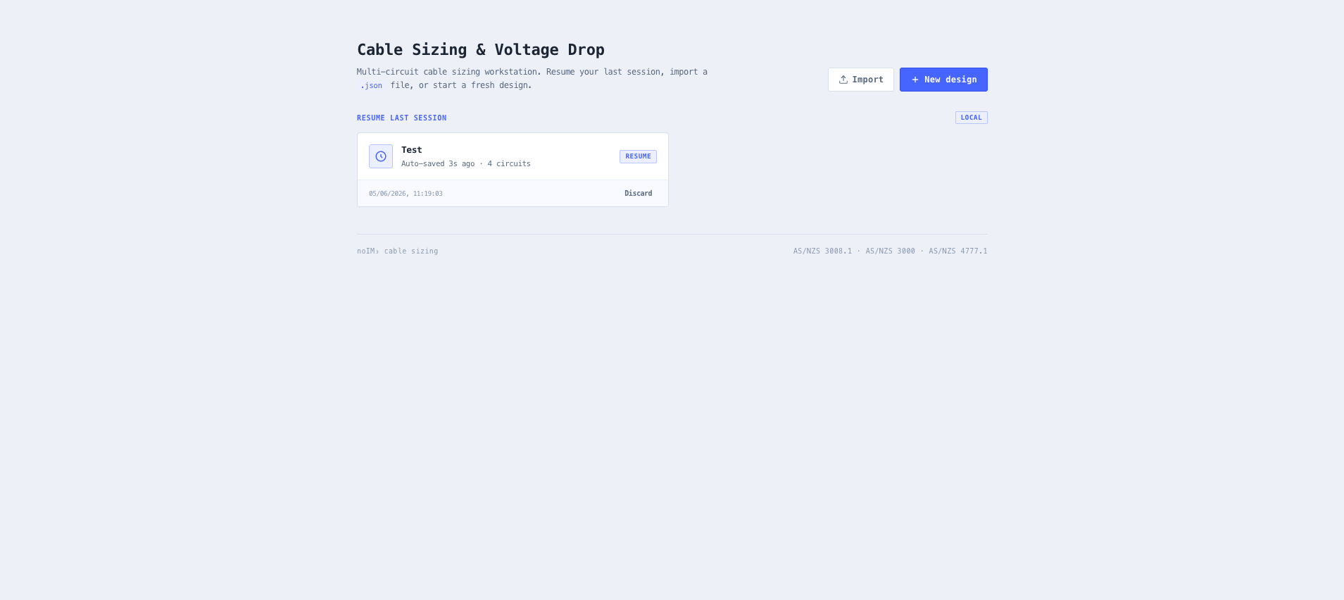Project picker with resume / import / new design entry points.