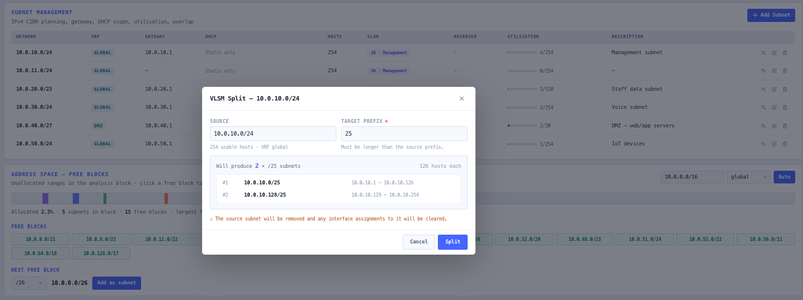 VLSM split wizard previewing the child subnets and the per child usable host count.